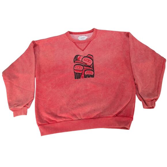 VTG Fuzzy Stonewash Sweatshirt S Red Made Canada Native Bear Graphic 90s Crew - Picture 1 of 9
